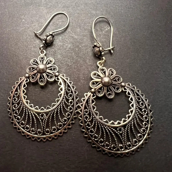 Turkish sterling filigree disc dangle drop hook earrings 9.58 grams. - Picture 1 of 11